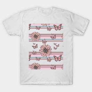 Retro Daisies floral pattern design with butterflies T-Shirt